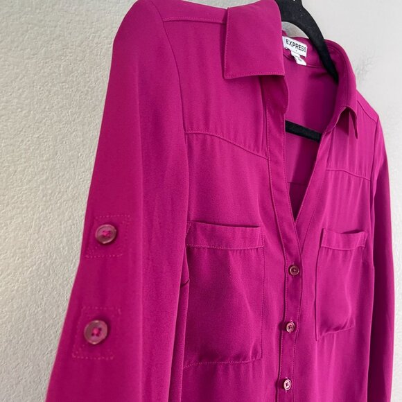Express Shirt Womens XS Fuchsia Button Up Blouse Roll Tab Sleeve Top - Picture 6 of 7